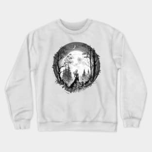 Moon Goddess Forest Walk Woman in Forest Crescent Moon Art Crewneck Sweatshirt